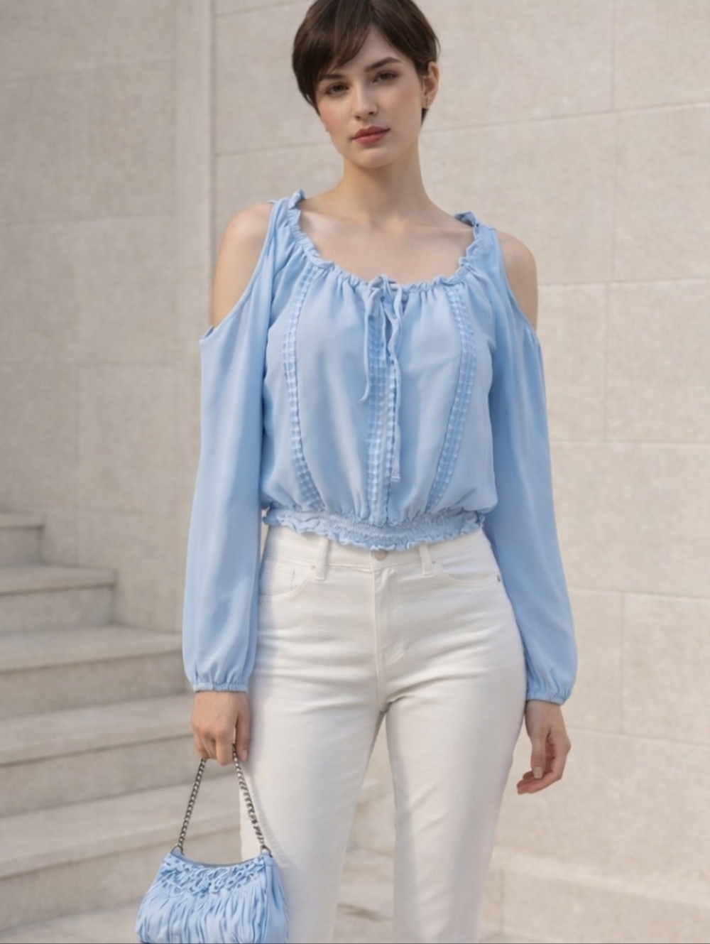 H & M | Baby Blue Cold Shoulder Blouse – Cropped  Cotton Linen Blend